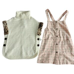 Girls Cream Knit Poncho and Pink Plaid Dress Set